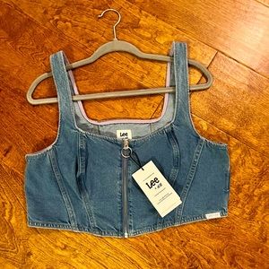 Blue denim and purple lined size large crop top